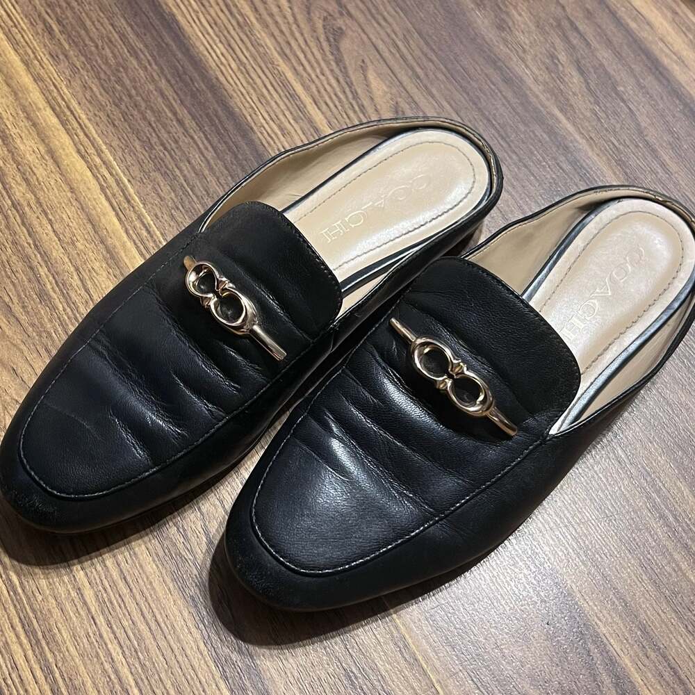 Coach Black Leather Gold Hardware Mule Loafers